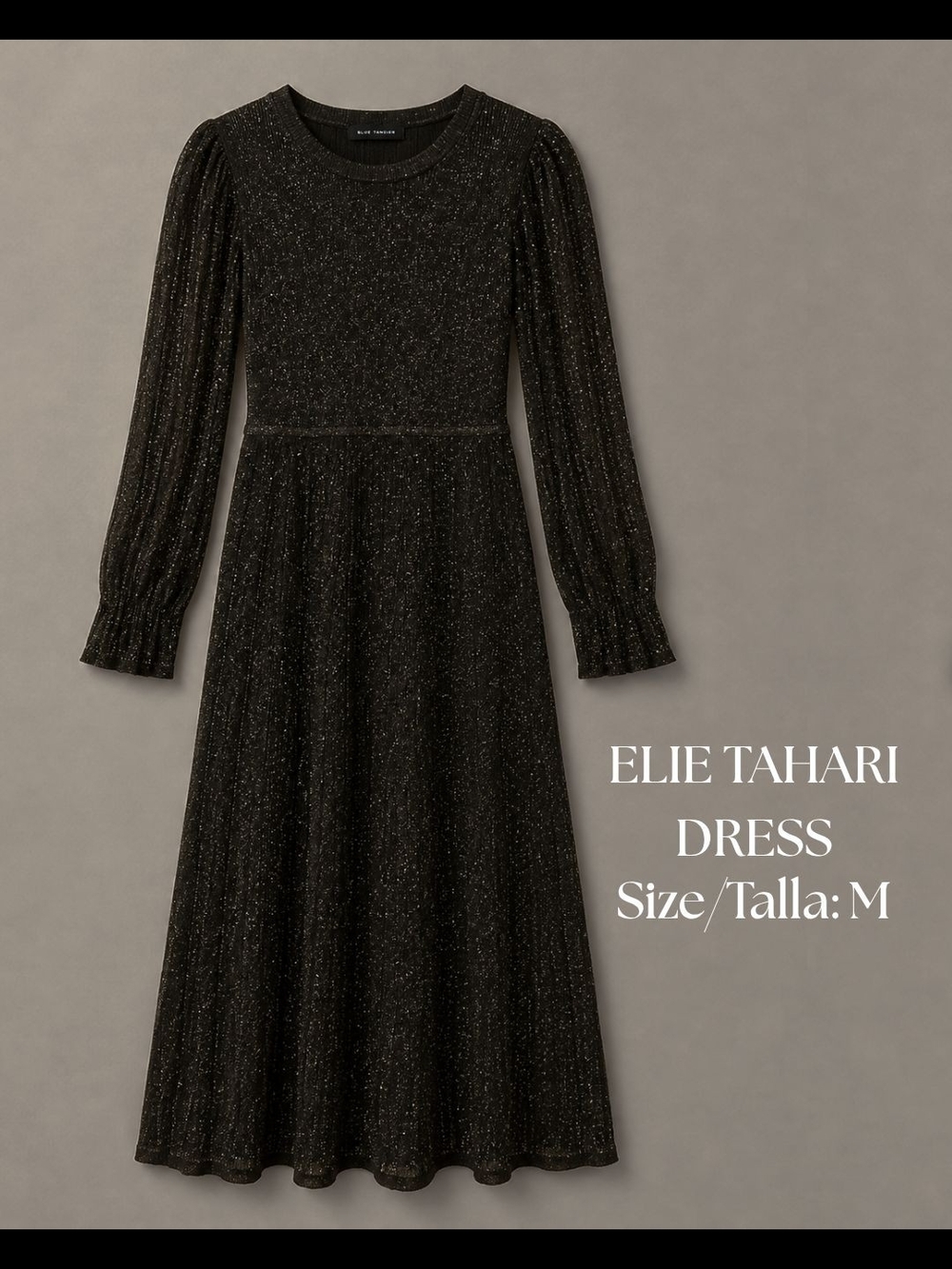 Elie Tahari Black Metallic Knit A-Line Long Sleeve Dress